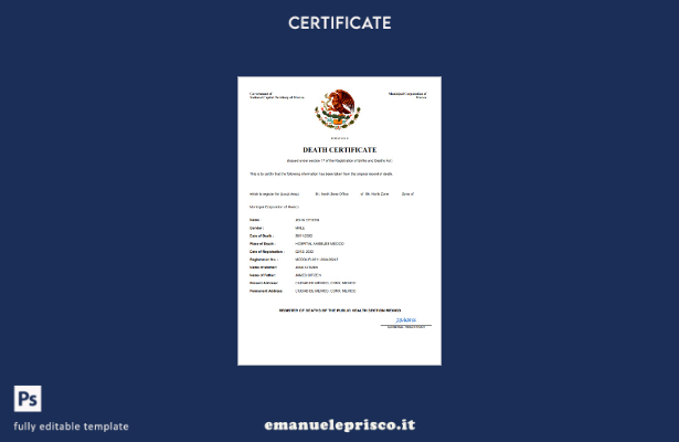 certificato di morte del documento di stato civile in stile verificato del Messi